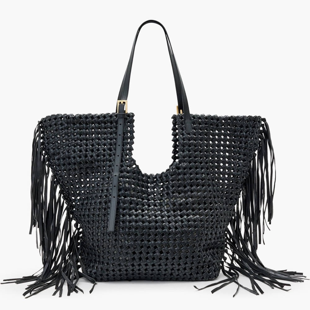 NWT ALL SAINTS Ara east west leather fringe woven‎ tote